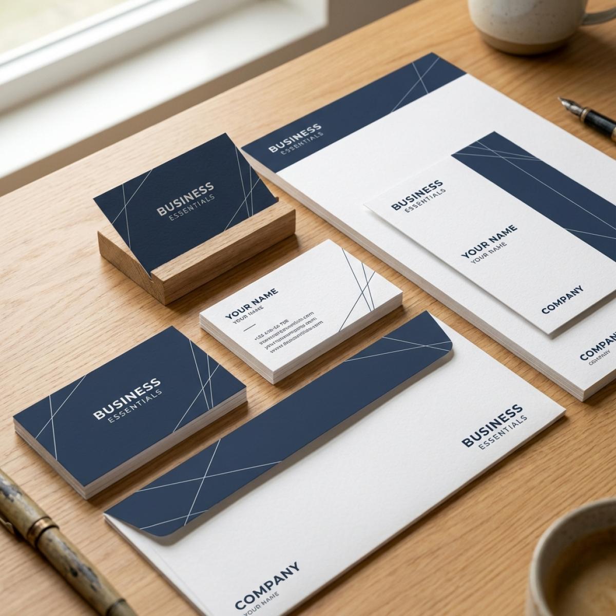 Business Print Essentials Bundle — Business cards laid out on a modern office desk